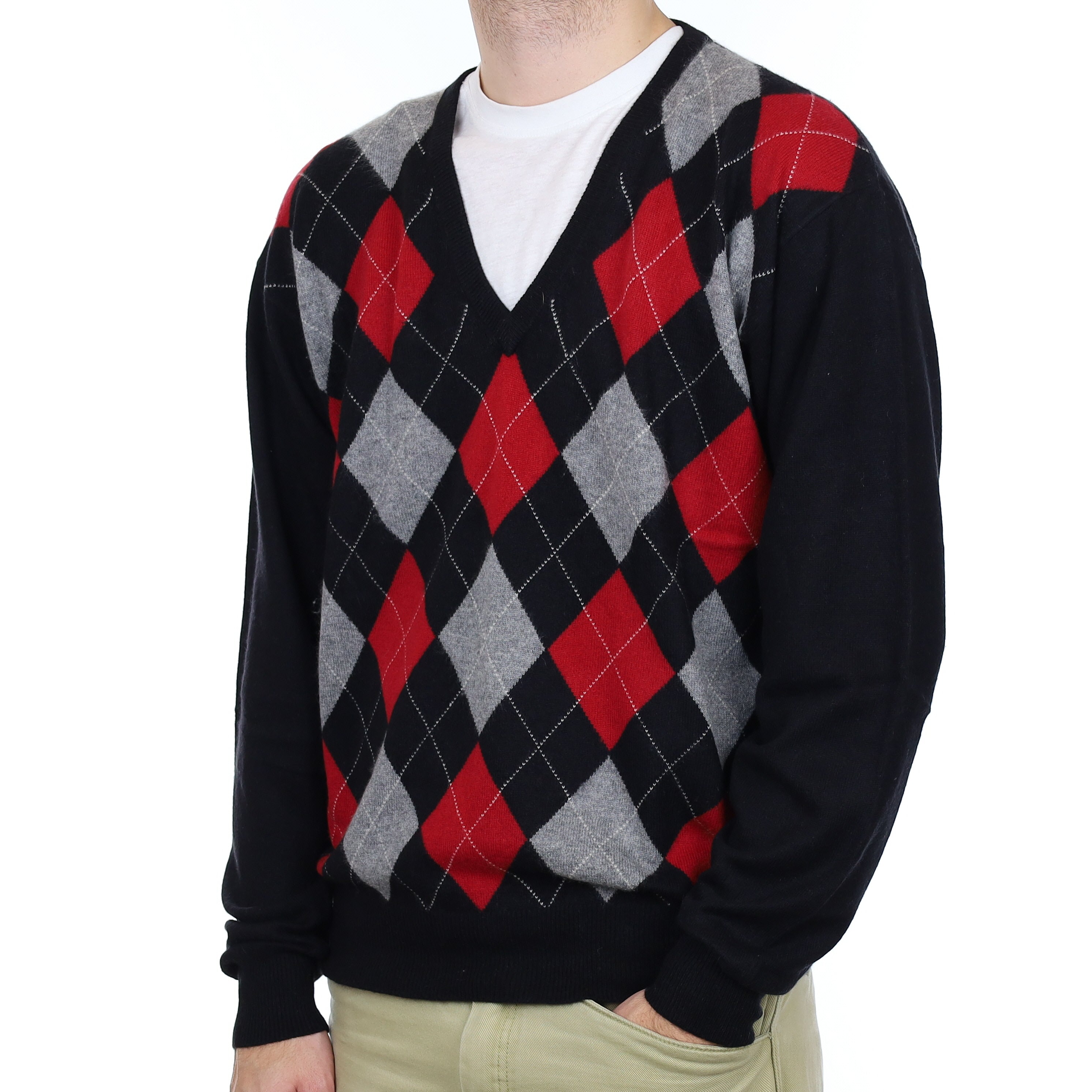 Men's Black and Red Diamond Cashmere V Neck Jumper Large