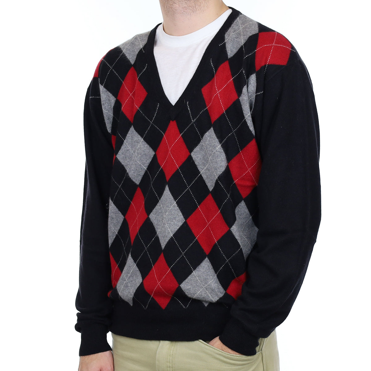 Men's Black and Red Diamond Cashmere V Neck Jumper Large