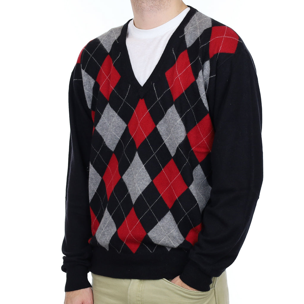 Men's Black and Red Diamond Cashmere V Neck Jumper Large