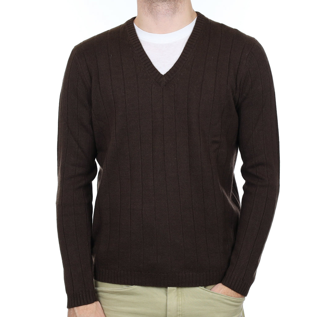 Men's Chocolate Brown Ribbed Cashmere V Neck Jumper Large