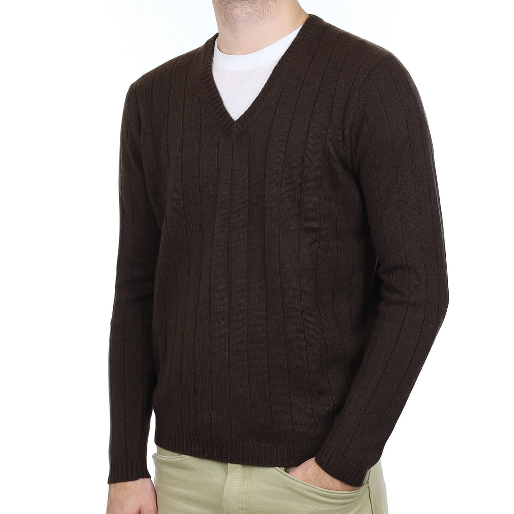 Men's Chocolate Brown Ribbed Cashmere V Neck Jumper Large