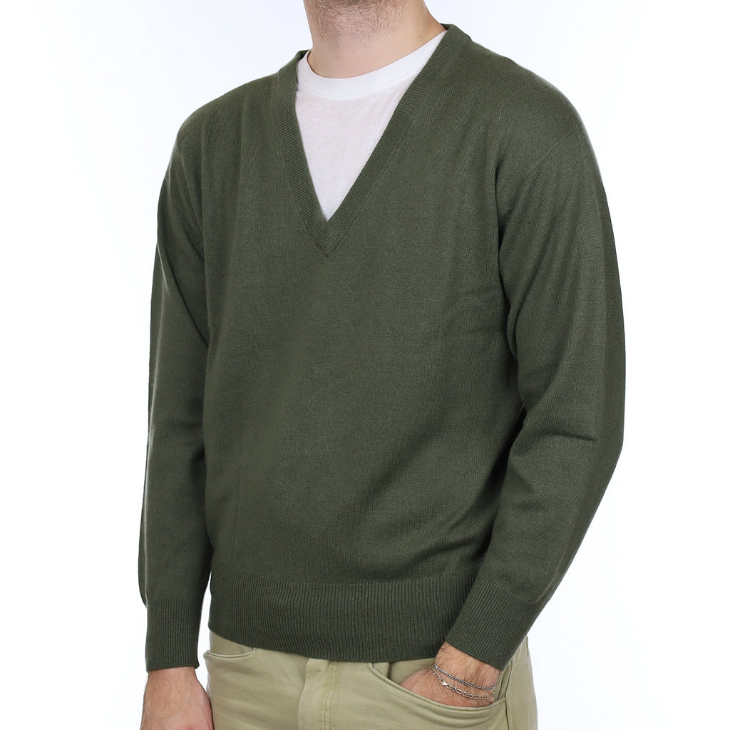 Men's Country Green Cashmere V Neck Jumper Large