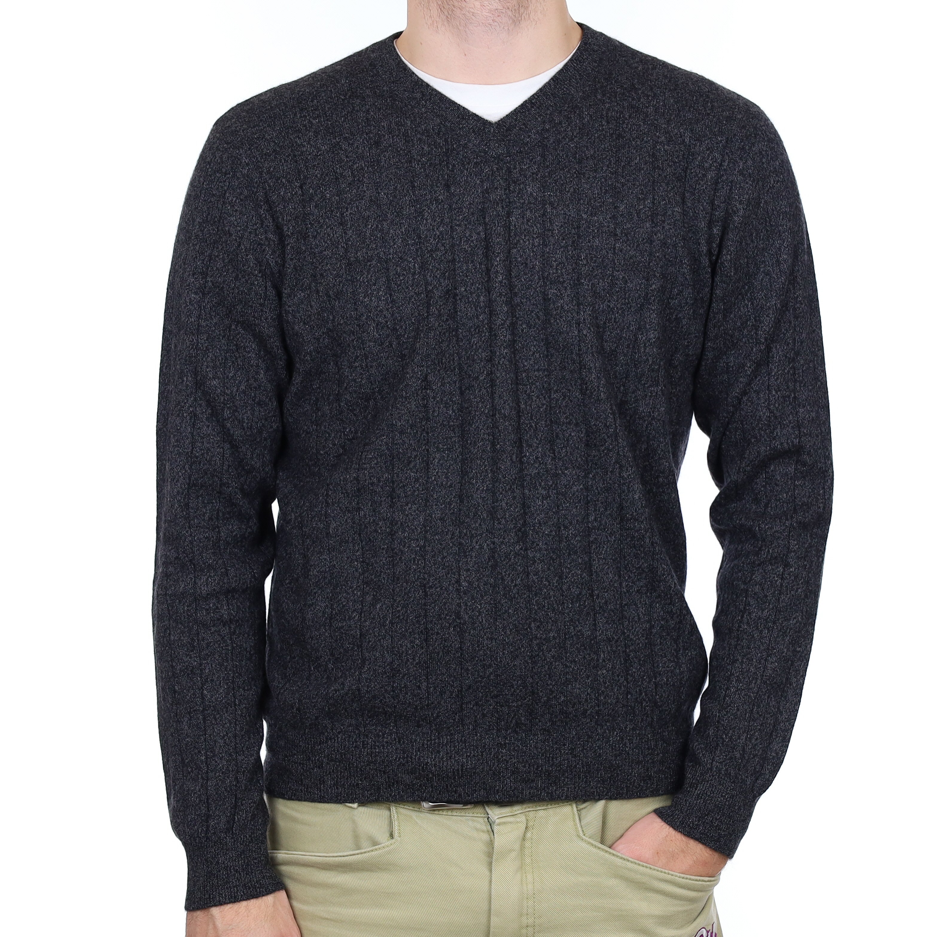 Men's Charcoal Grey Rib Cashmere V Neck Jumper Large
