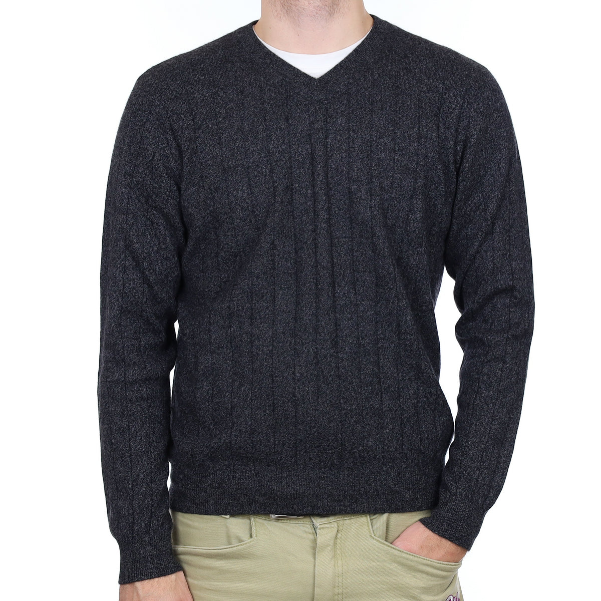 Men's Charcoal Grey Rib Cashmere V Neck Jumper Large