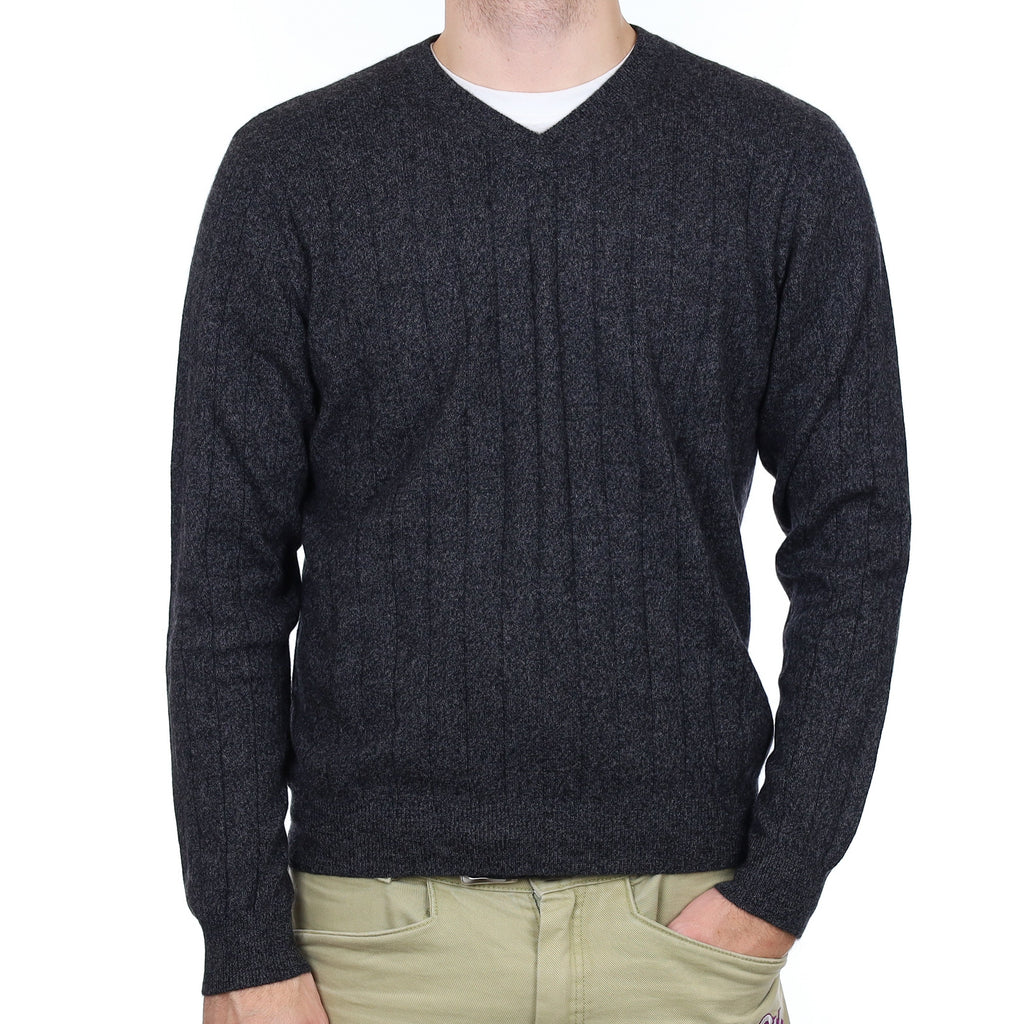 Men's Charcoal Grey Rib Cashmere V Neck Jumper Large