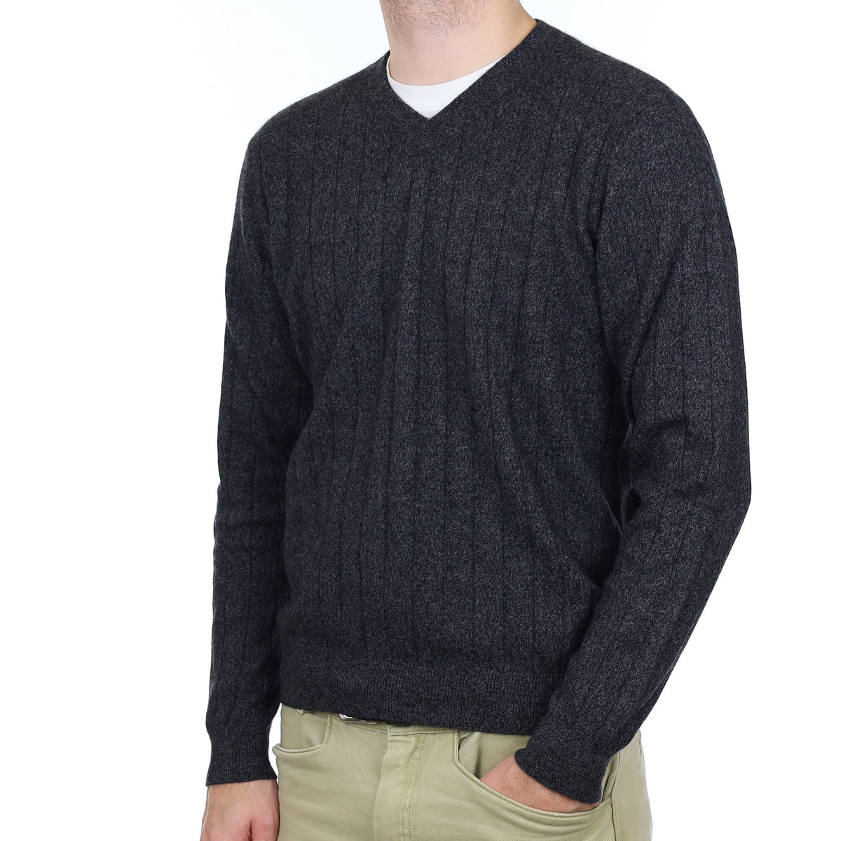 Men's Charcoal Grey Rib Cashmere V Neck Jumper Large