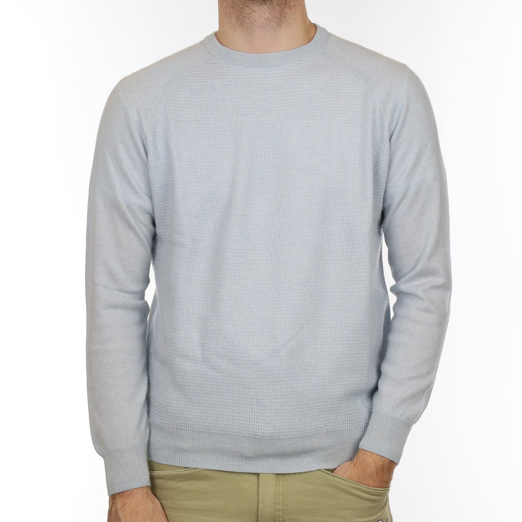 Men's Ice Blue Waffle Cashmere Crew Neck Jumper Medium