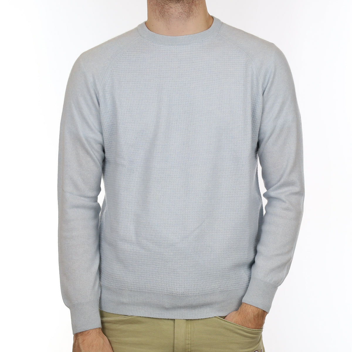 Men's Ice Blue Waffle Cashmere Crew Neck Jumper Medium