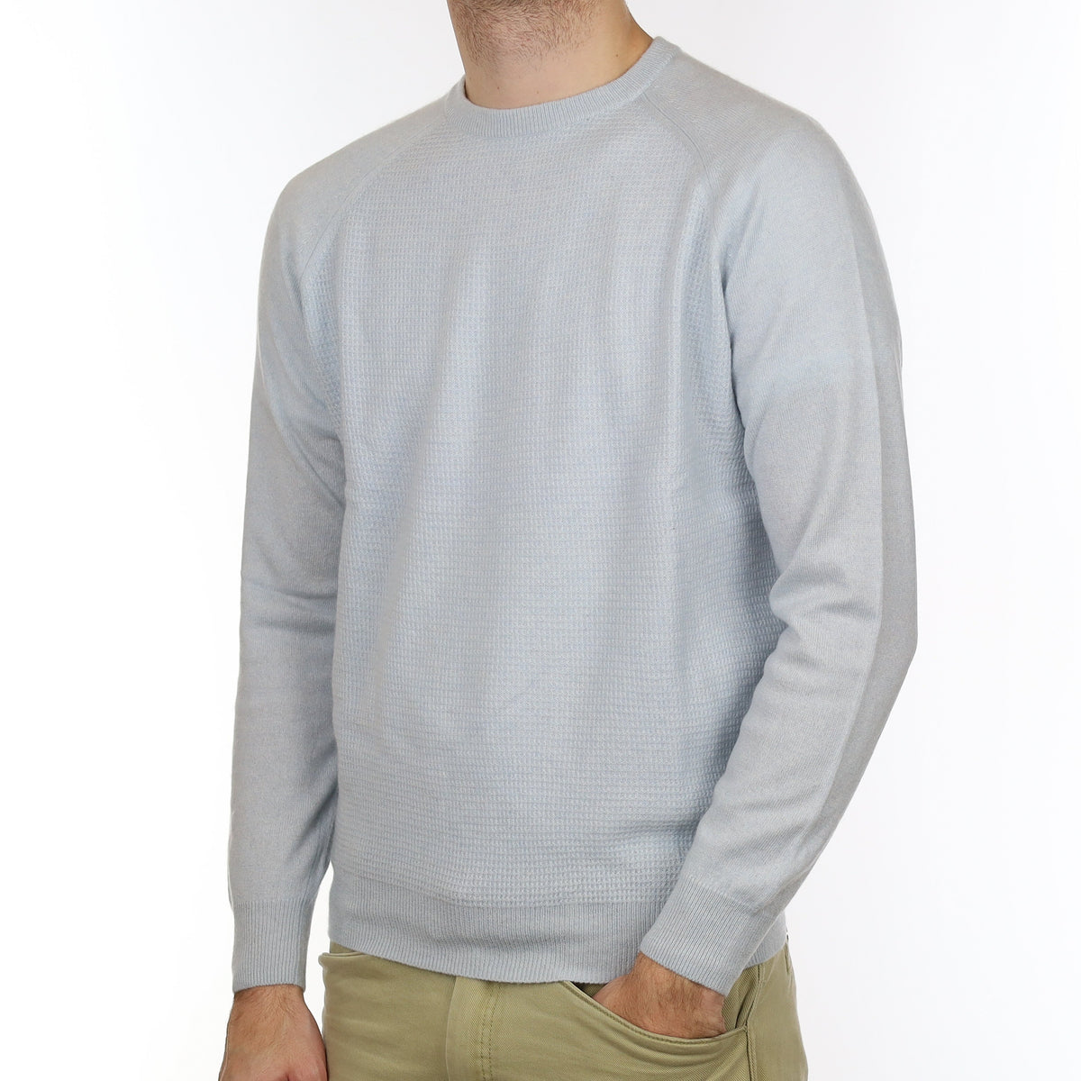Men's Ice Blue Waffle Cashmere Crew Neck Jumper Medium