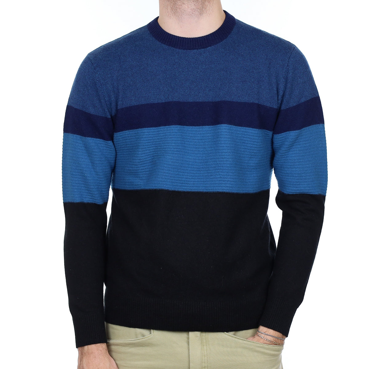 Men's Blue and Black Striped Cashmere Crew Neck Jumper Medium