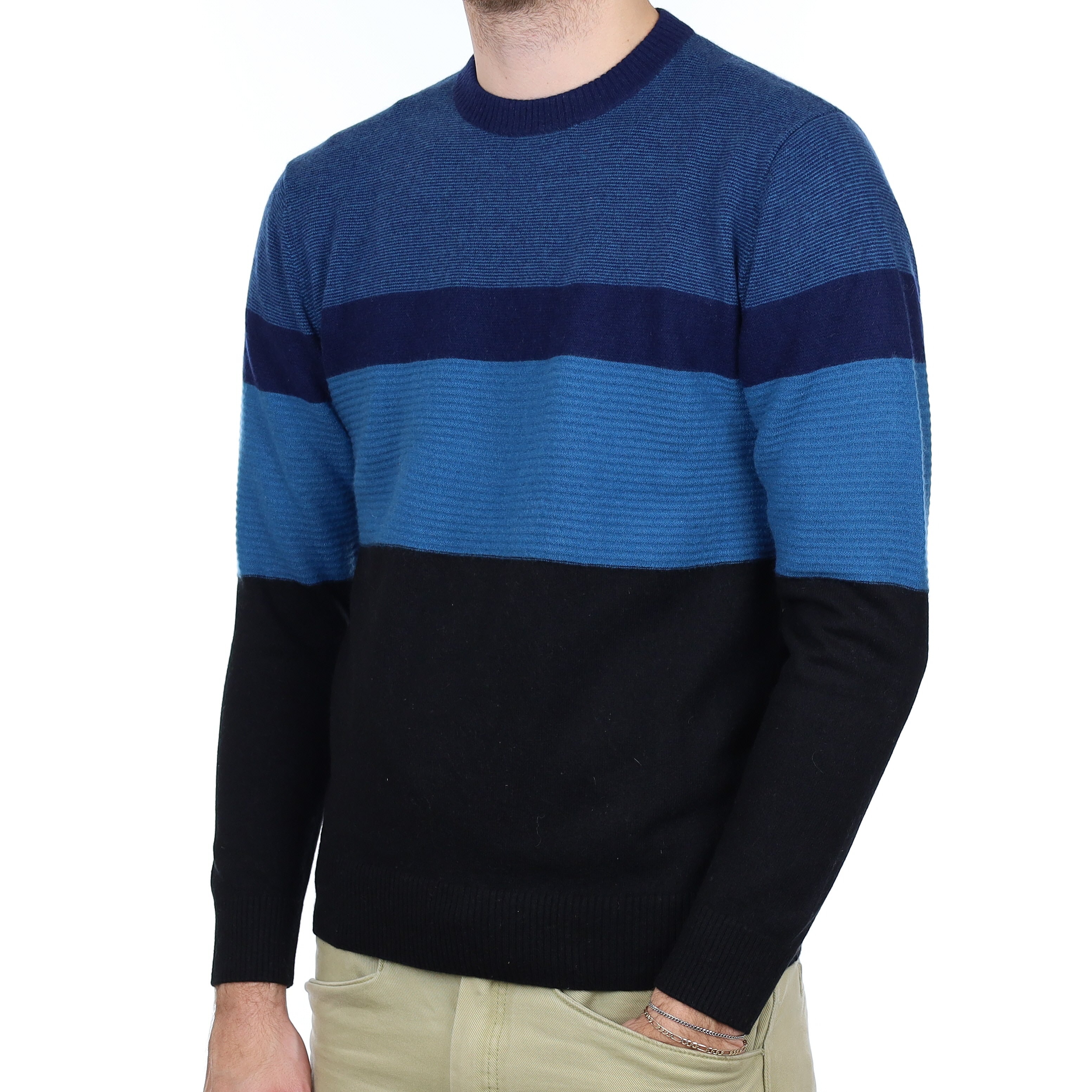 Men's Blue and Black Striped Cashmere Crew Neck Jumper Medium