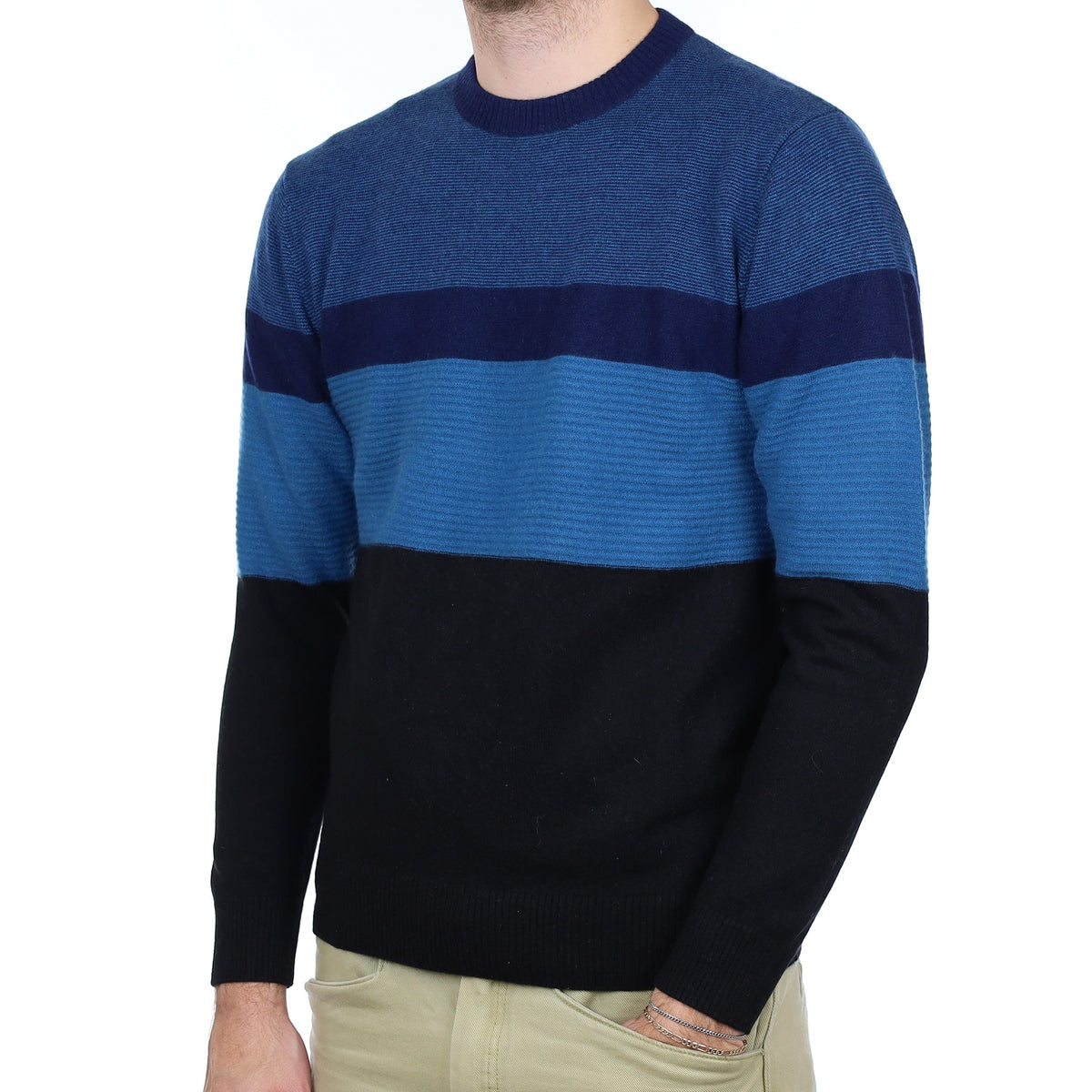 Men's Blue and Black Striped Cashmere Crew Neck Jumper Medium