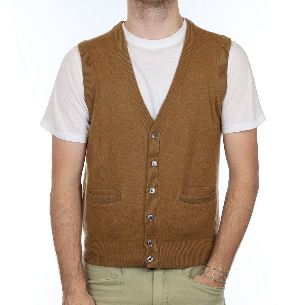 Men's Butterscotch Brown Cashmere V Neck Waistcoat with Pockets Medium