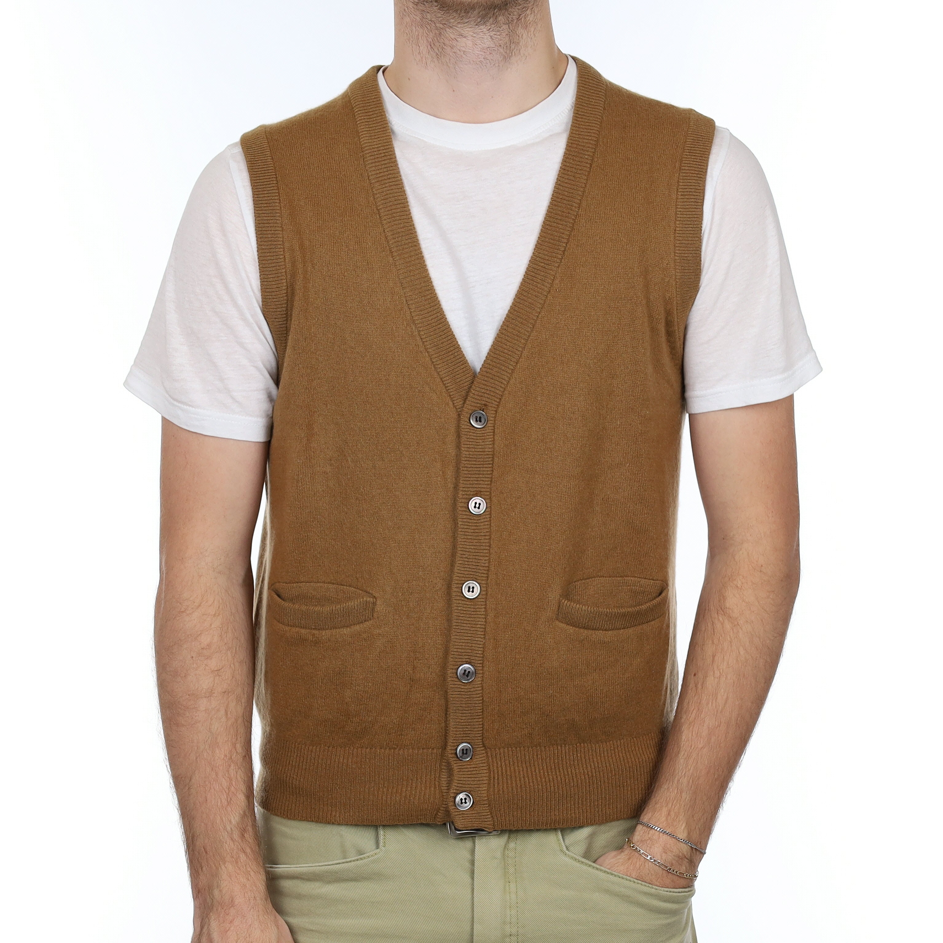 Men's Butterscotch Brown Cashmere V Neck Waistcoat with Pockets Medium