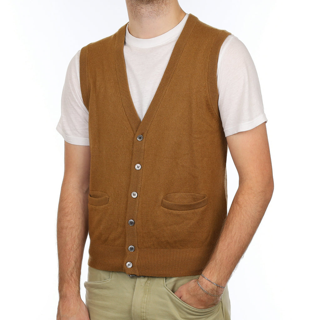Men's Butterscotch Brown Cashmere V Neck Waistcoat with Pockets Medium