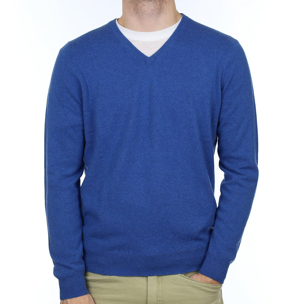 Men's Tanzanite Blue Cashmere V Neck Jumper Medium