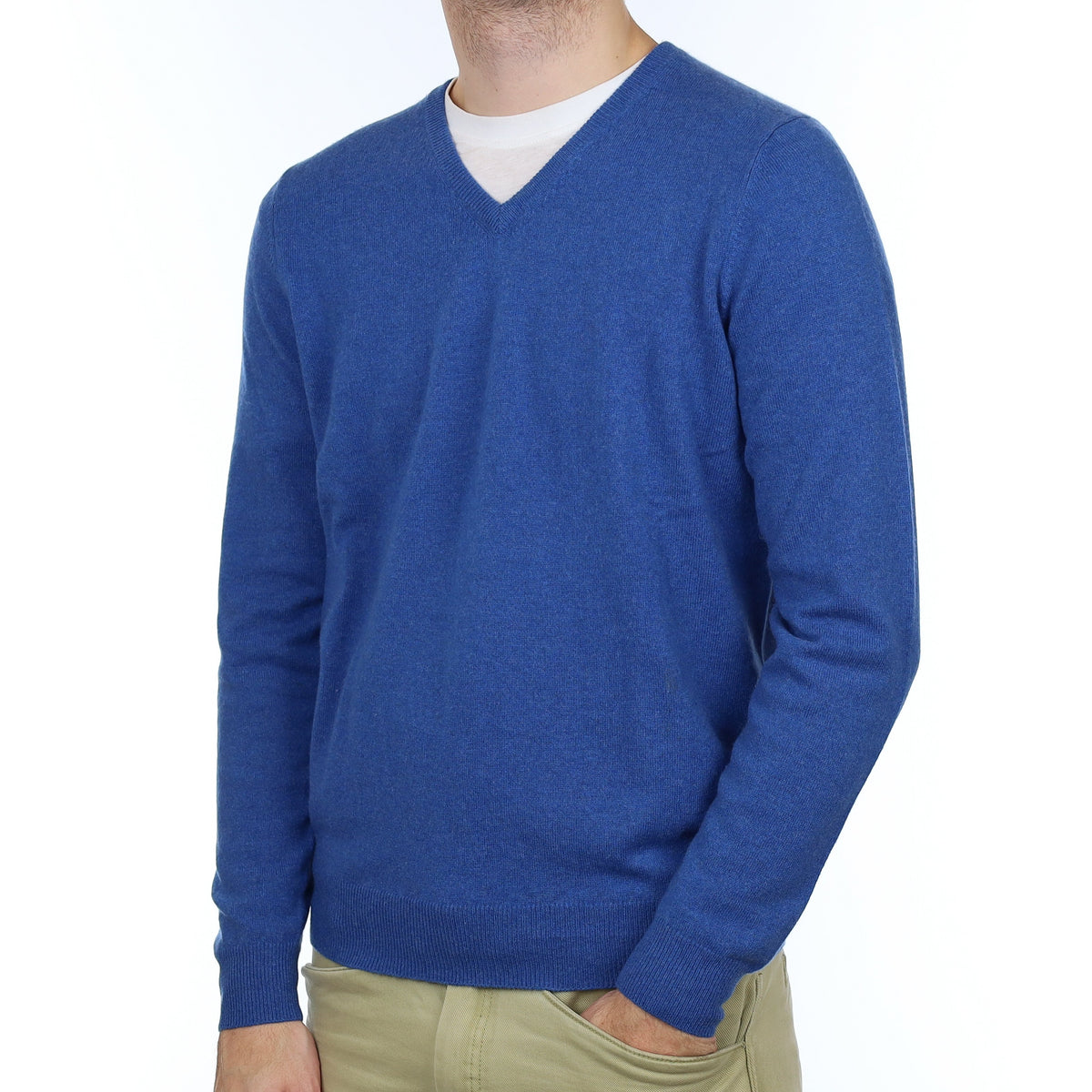Men's Tanzanite Blue Cashmere V Neck Jumper Medium