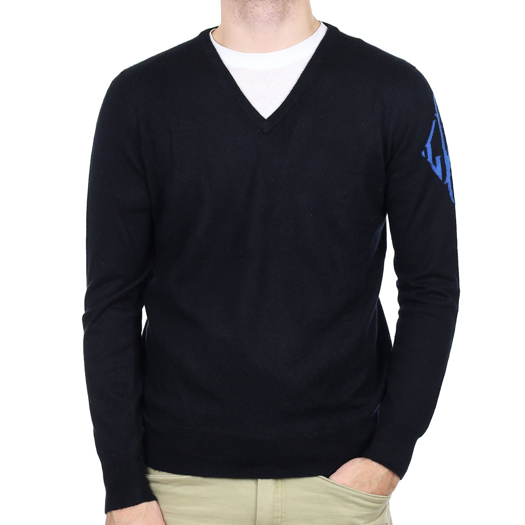 Men's Black Logo Cashmere V Neck Jumper Medium