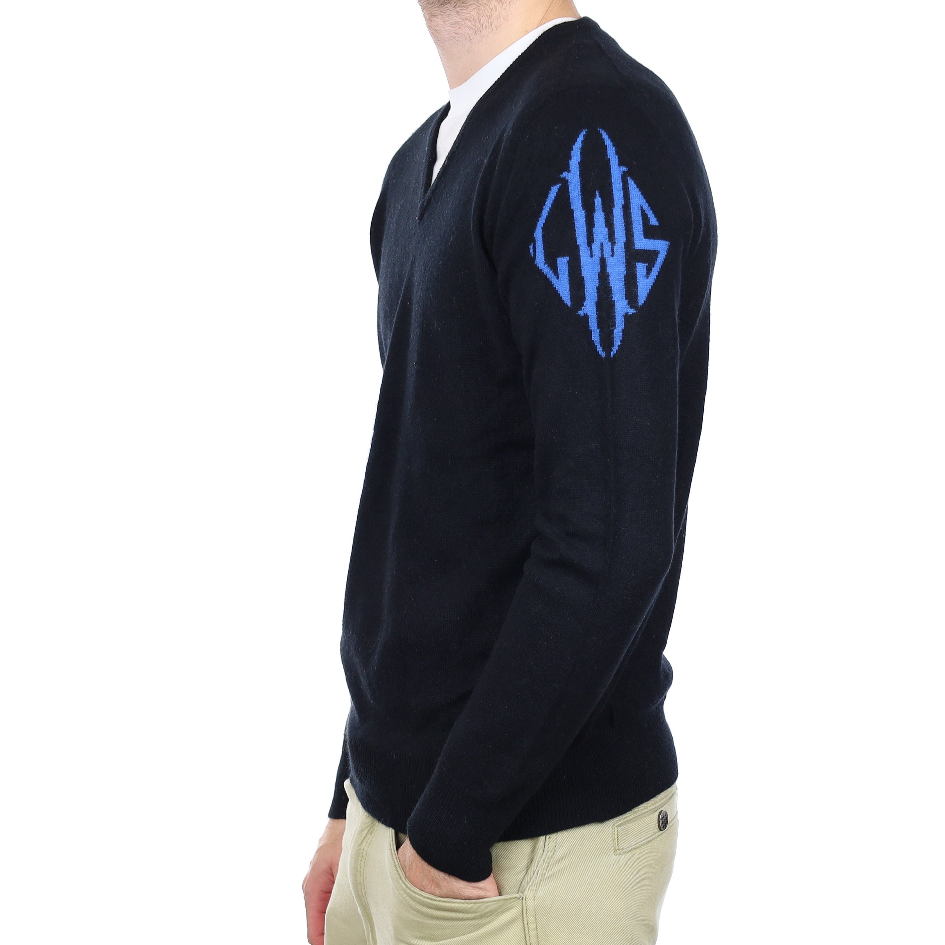 Men's Black Logo Cashmere V Neck Jumper Medium