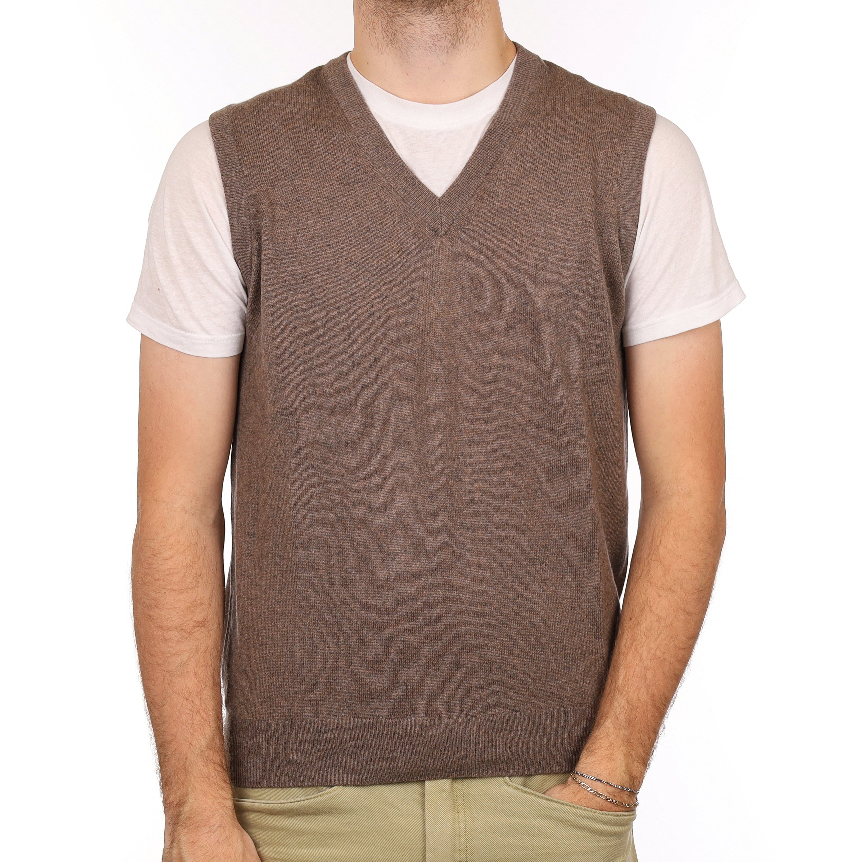 Men's Mocha Brown Cashmere V Neck Tank Top Medium