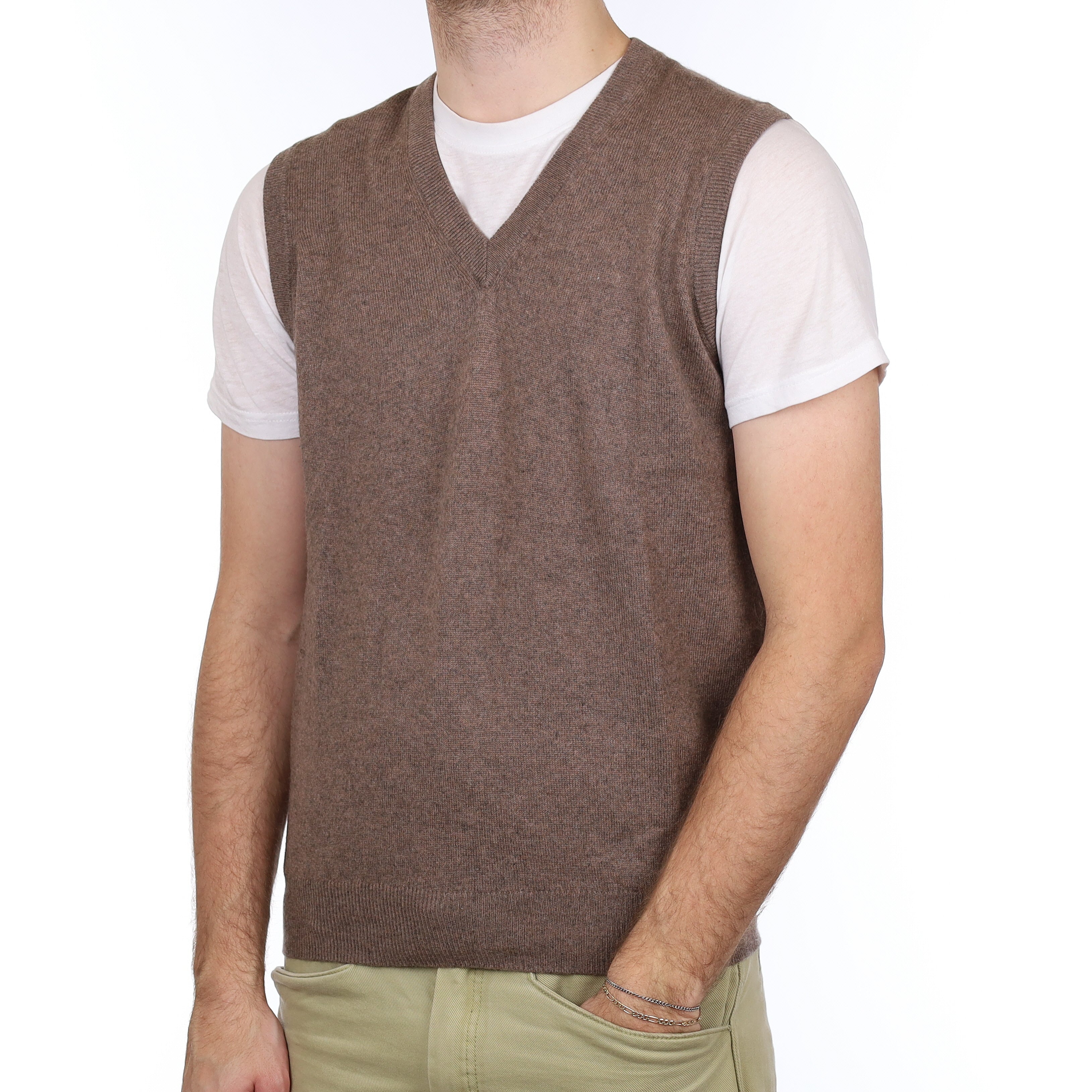 Men's Mocha Brown Cashmere V Neck Tank Top Medium