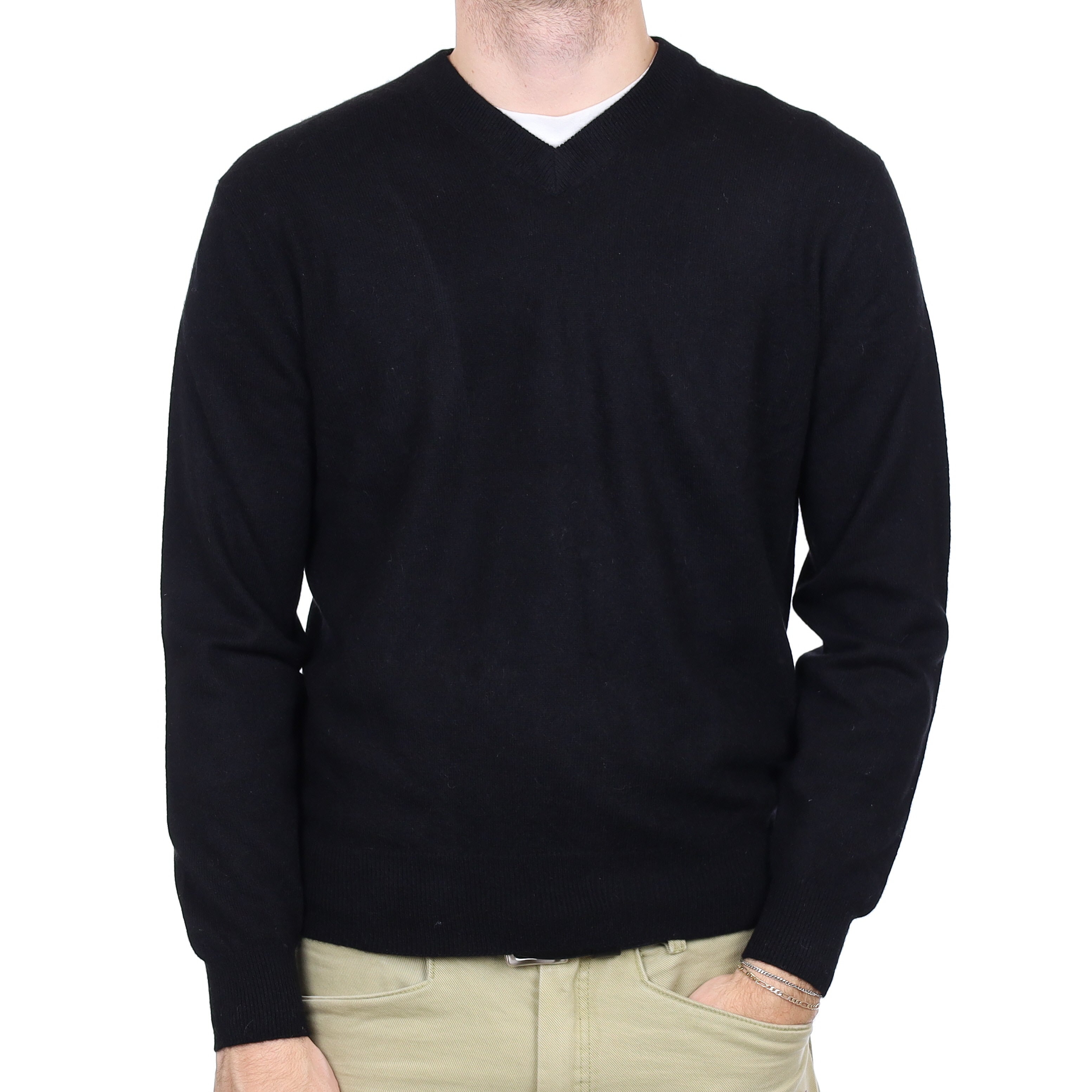 Men's Black Cashmere V Neck Jumper Medium