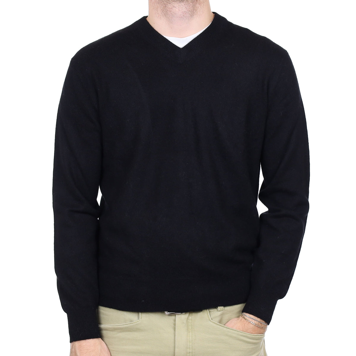 Men's Black Cashmere V Neck Jumper Medium
