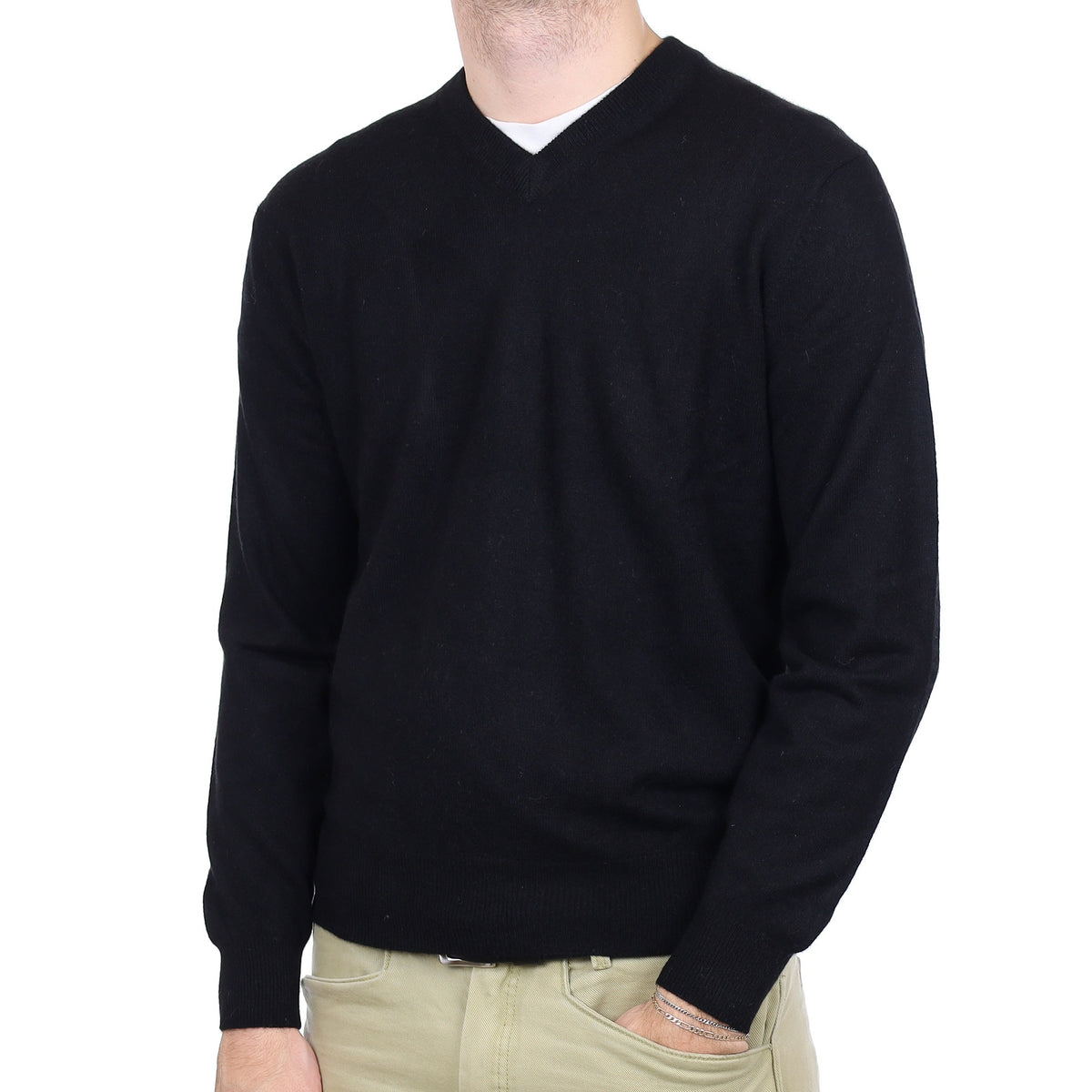 Men's Black Cashmere V Neck Jumper Medium