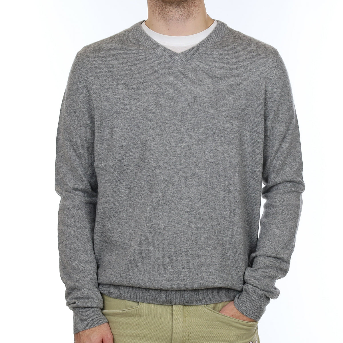 Men's Ash Grey Cashmere V Neck Jumper Large/Tall
