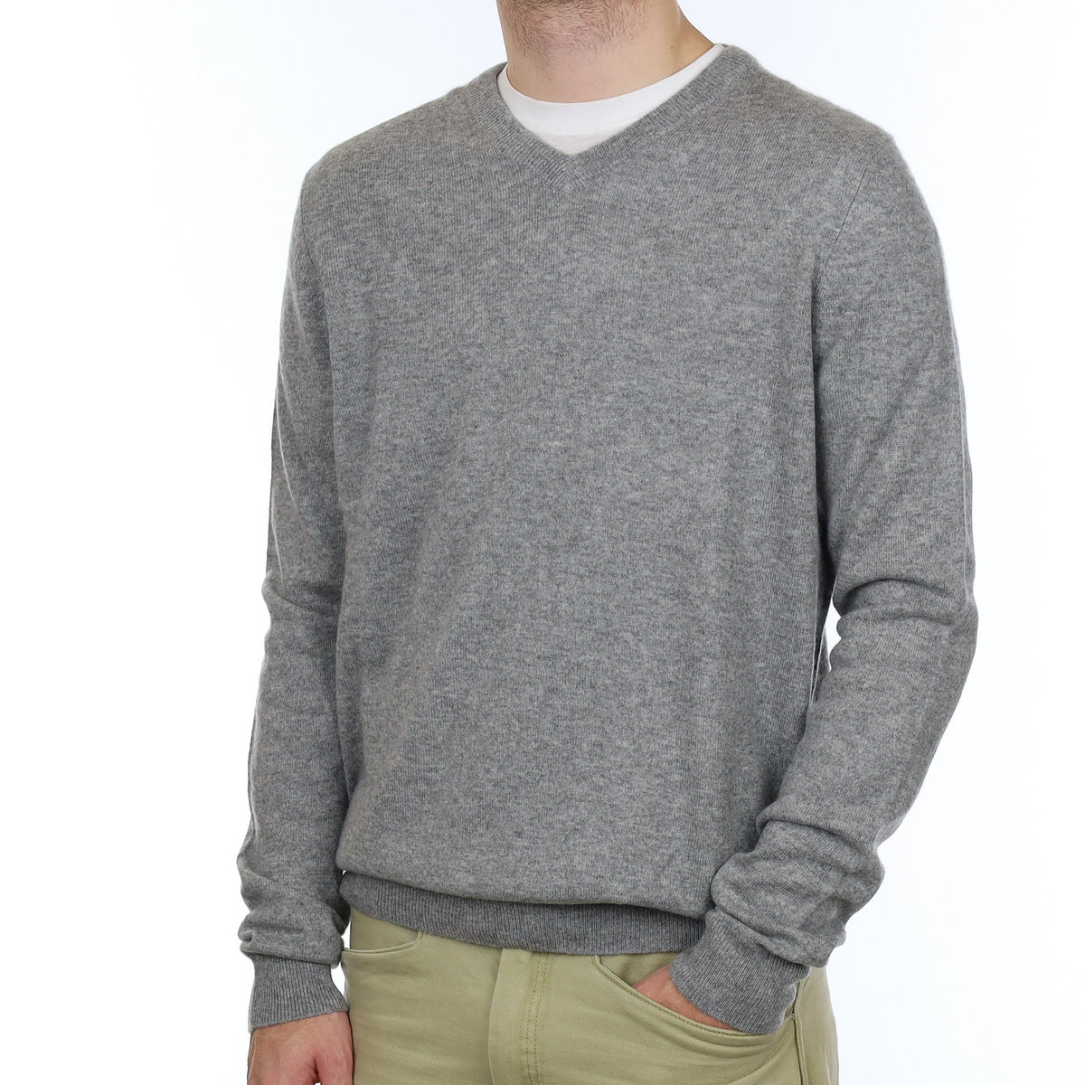 Men's Ash Grey Cashmere V Neck Jumper Large/Tall
