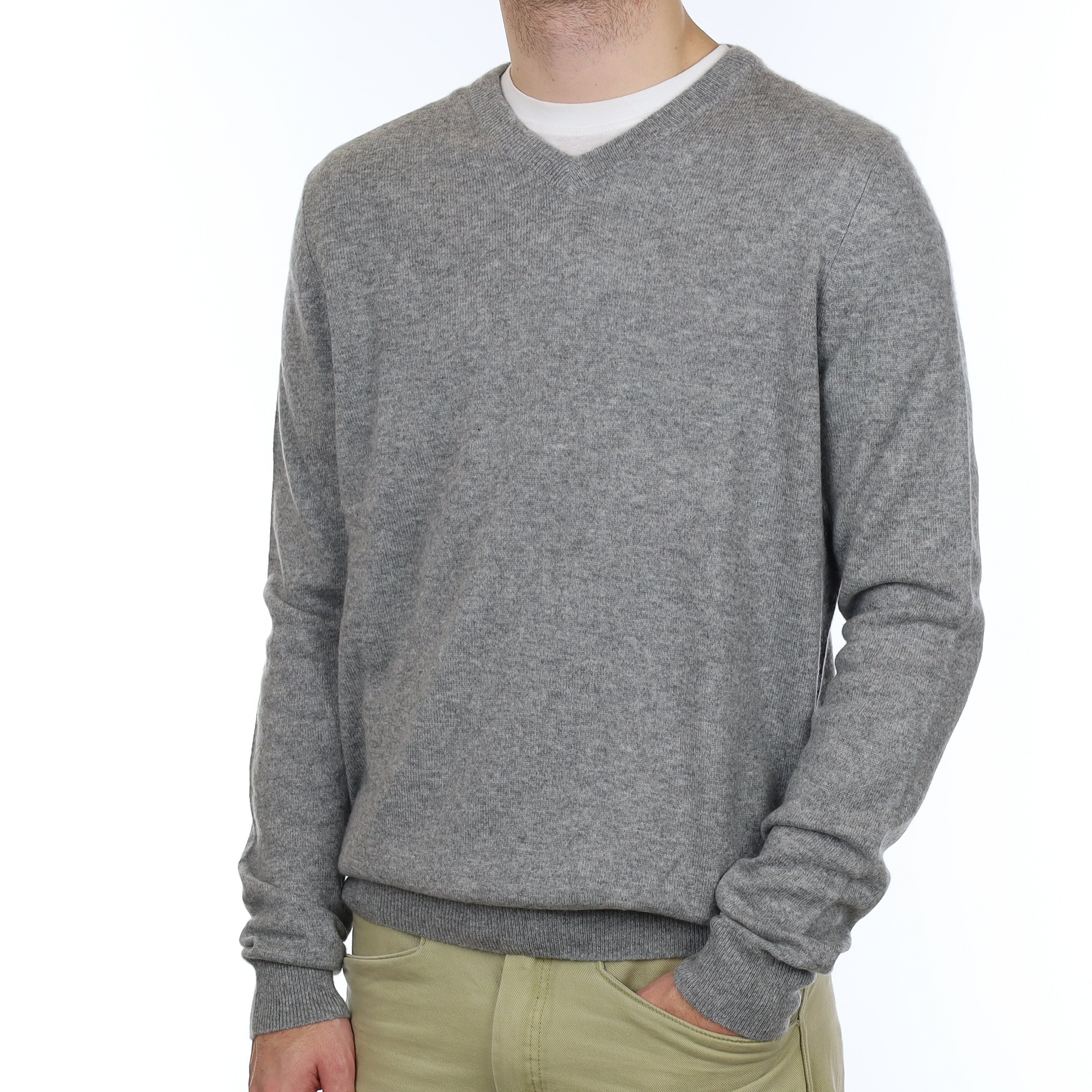 Men's Ash Grey Cashmere V Neck Jumper Large/Tall