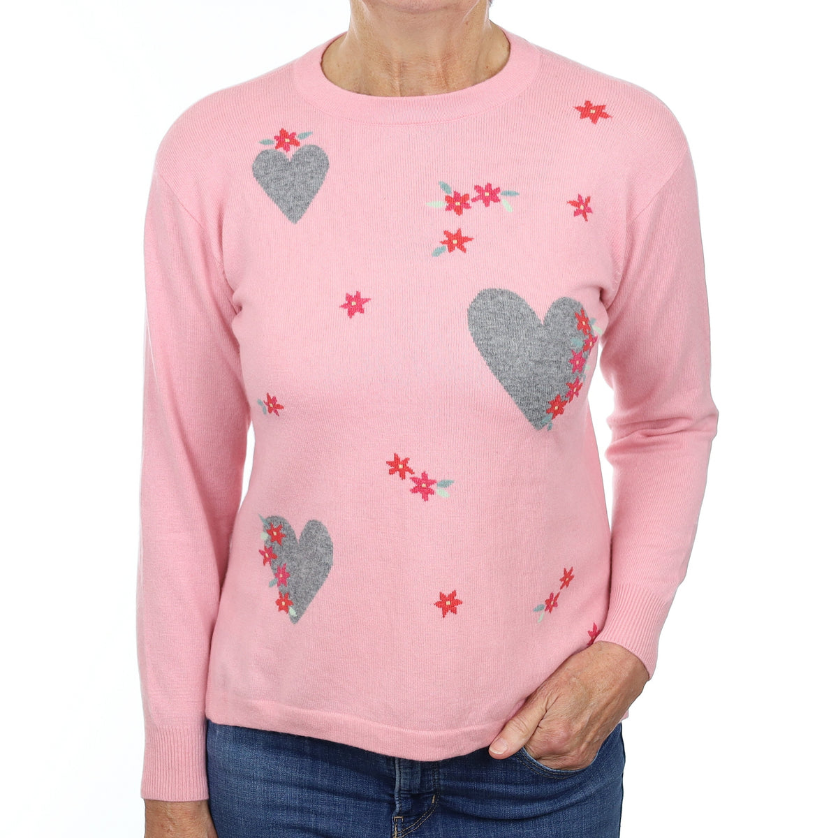 Pink Heart Design Cashmere Crew Neck Jumper Medium