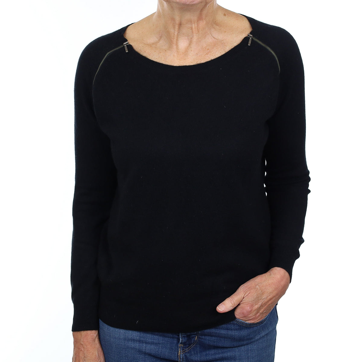 Black Zip Detail Cashmere Crew Neck Jumper Medium