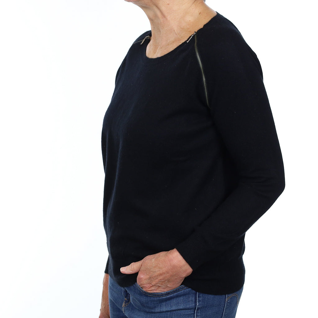Black Zip Detail Cashmere Crew Neck Jumper Medium