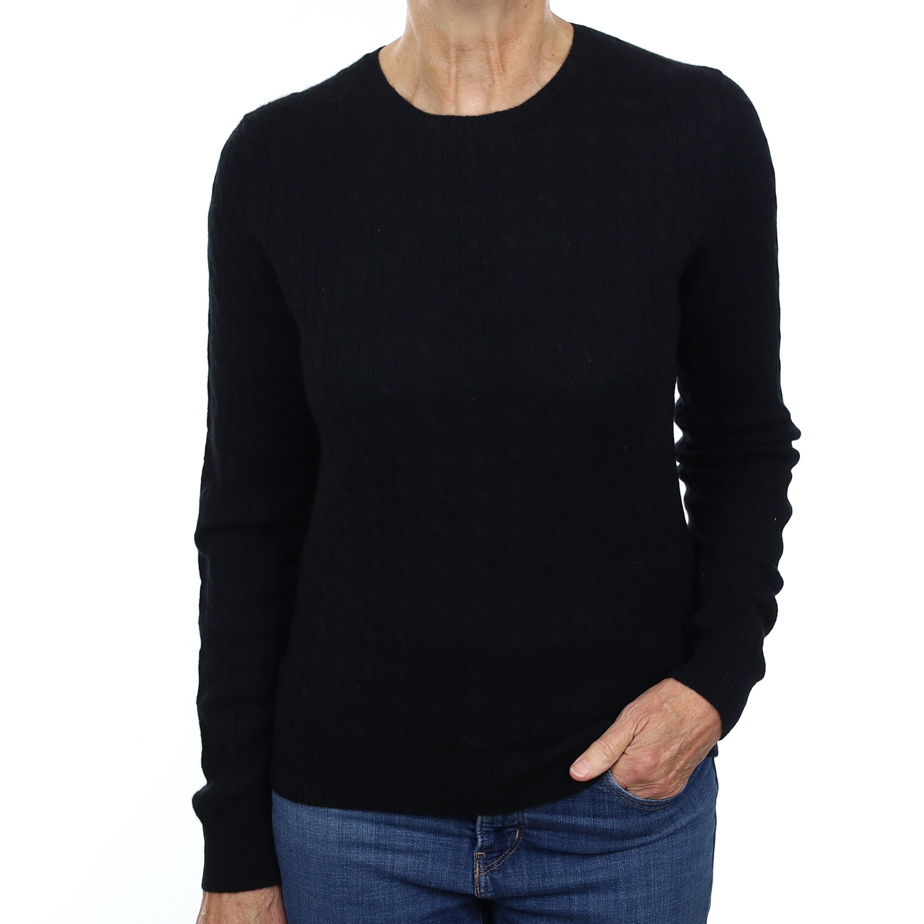 Black Cable Cashmere Crew Neck Jumper Medium