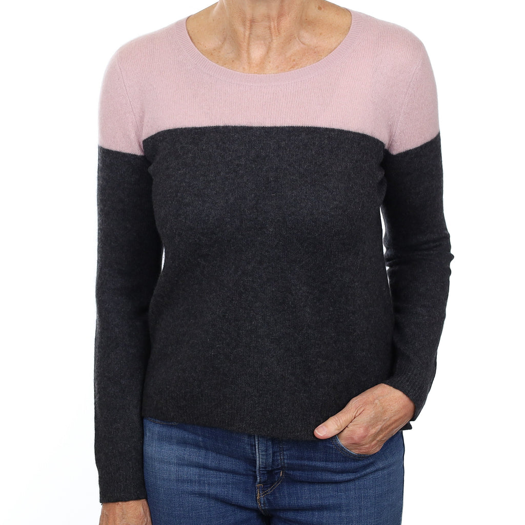 Charcoal and Mauve Cashmere Boxy Crew Neck Jumper Medium
