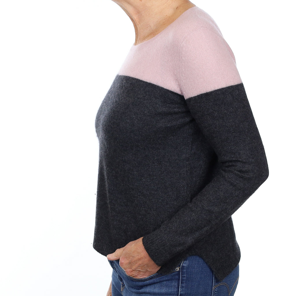 Charcoal and Mauve Cashmere Boxy Crew Neck Jumper Medium