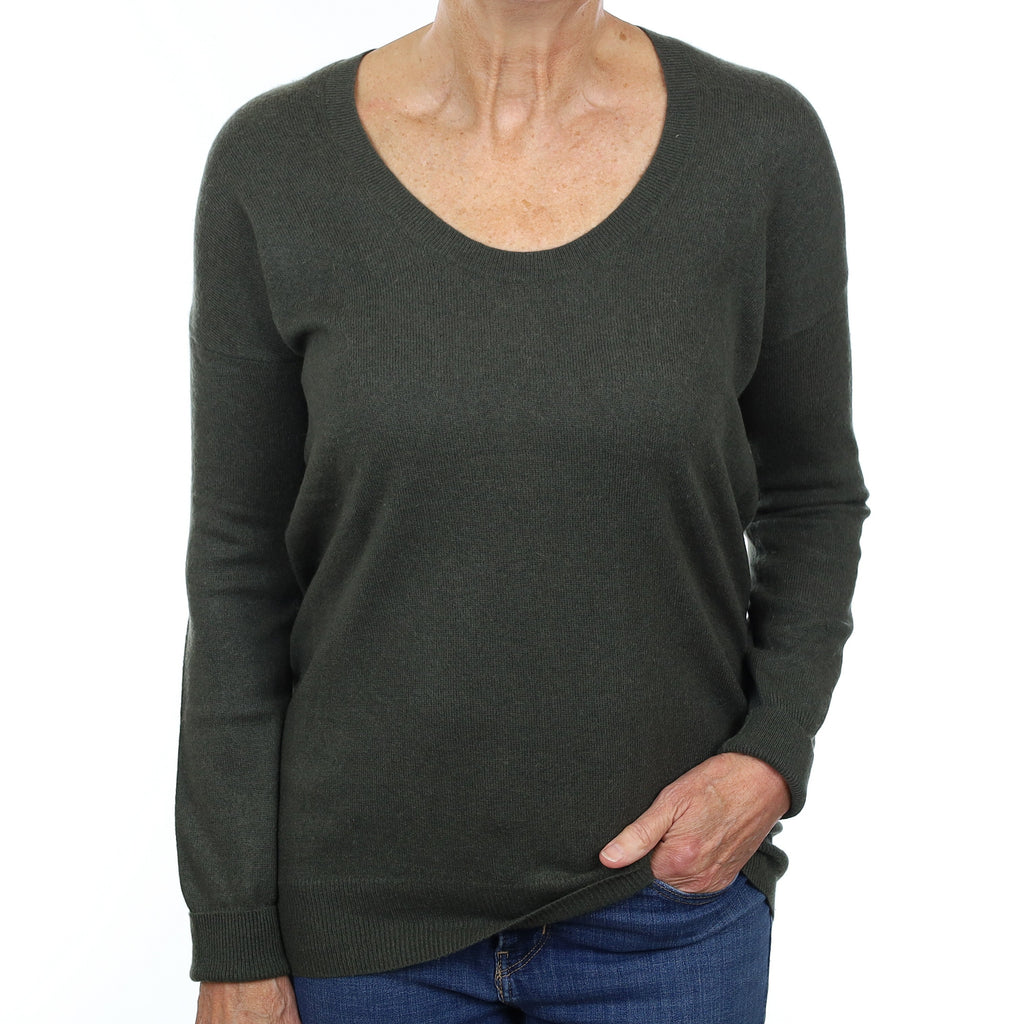 Deep Khaki Green Cashmere Crew Neck Jumper Medium