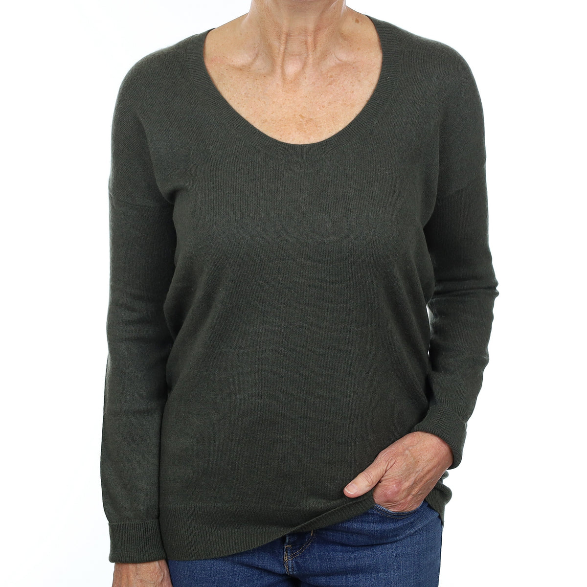 Deep Khaki Green Cashmere Crew Neck Jumper Medium