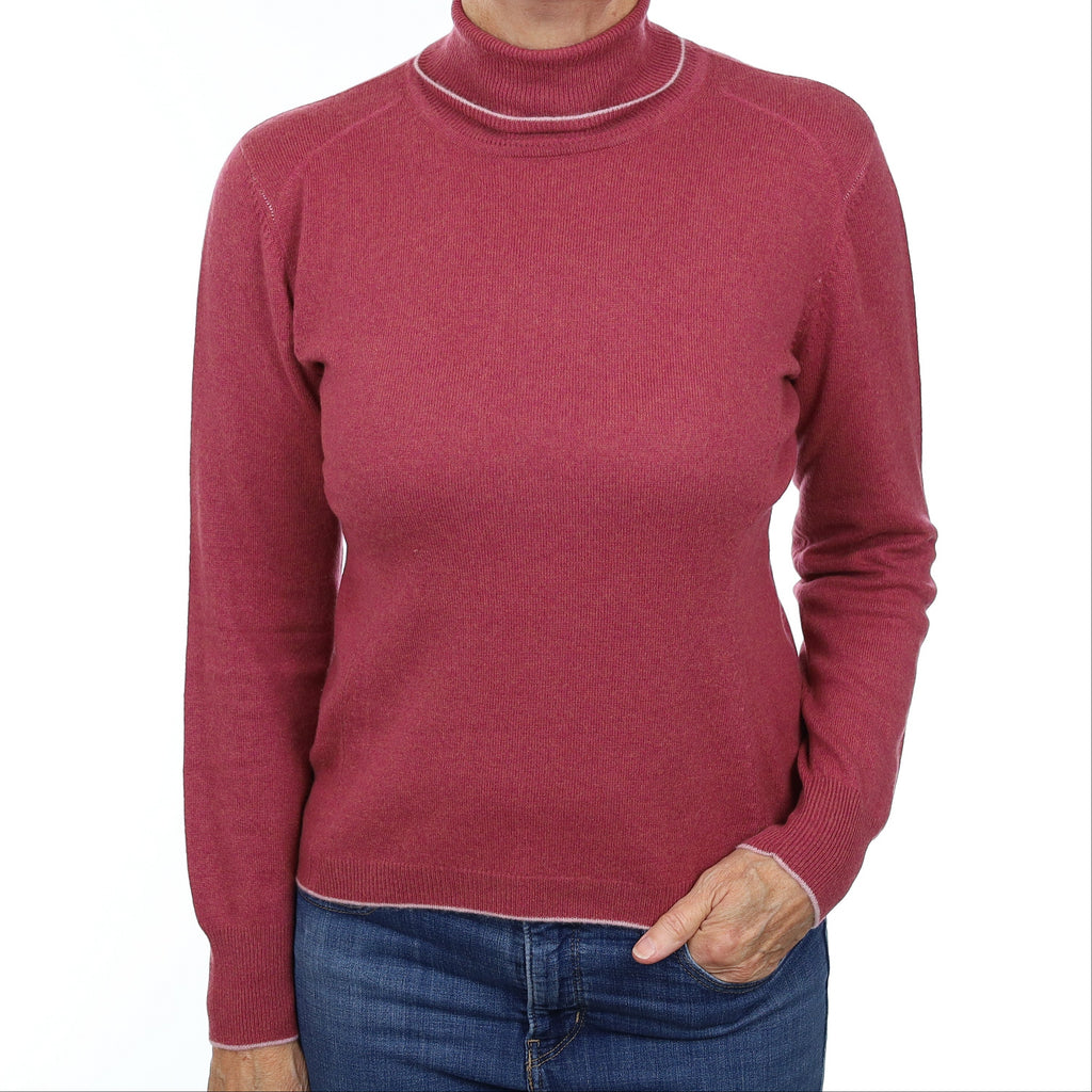 Heather Pink Marl Cashmere Polo Neck Jumper Medium
