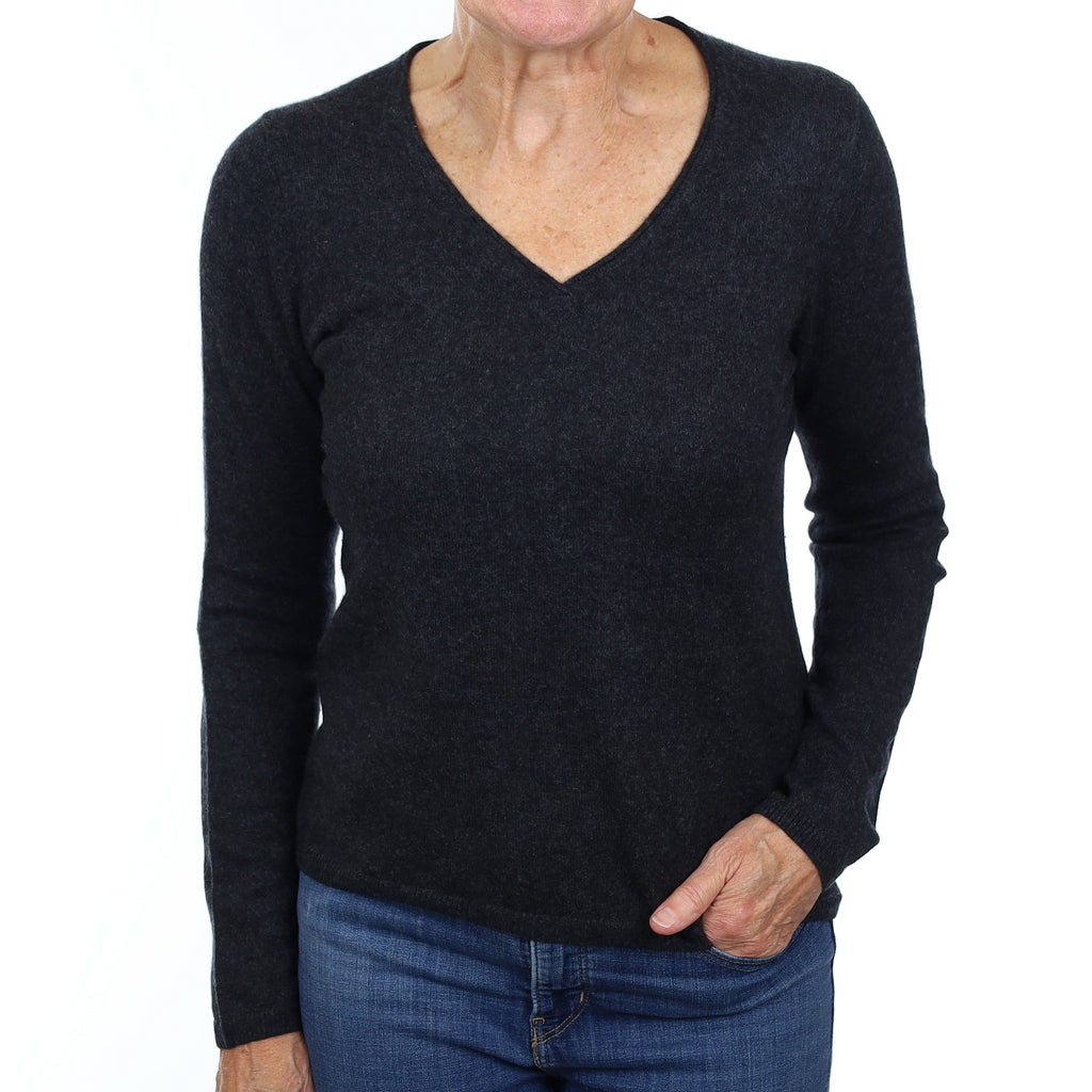 Charcoal Grey Cashmere V Neck Jumper Medium