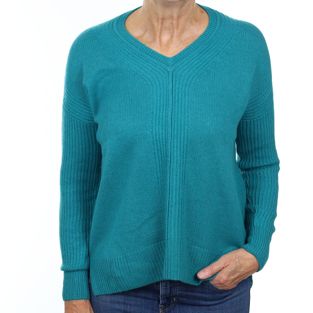Teal Green Cashmere V Neck Heavy Textured Knit Jumper Medium