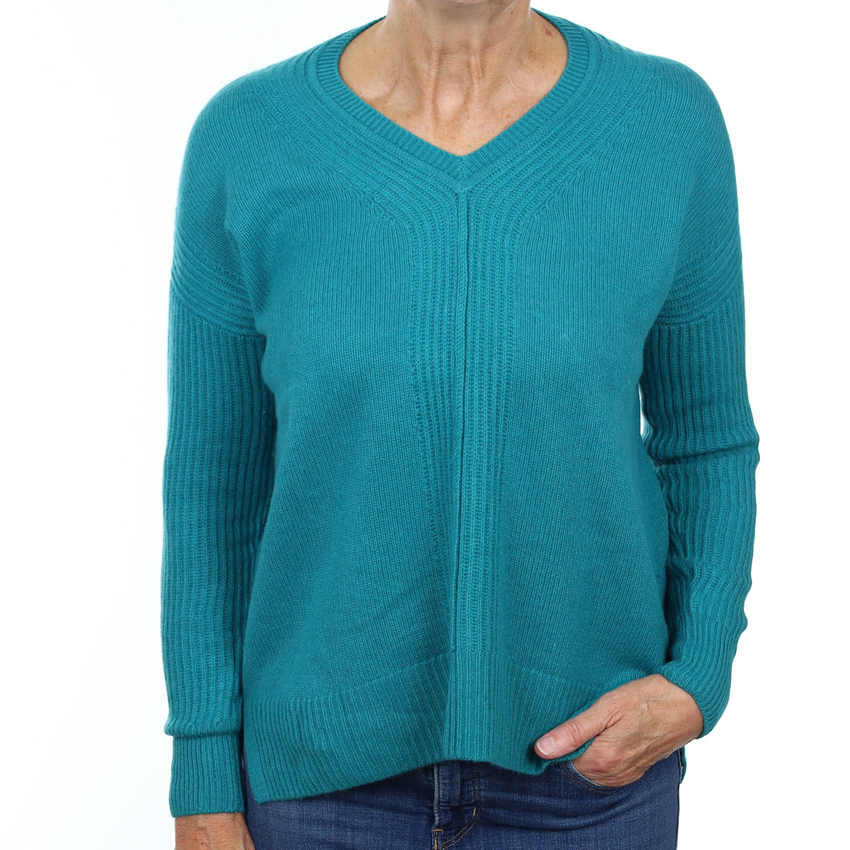 Teal Green Cashmere V Neck Heavy Textured Knit Jumper Medium