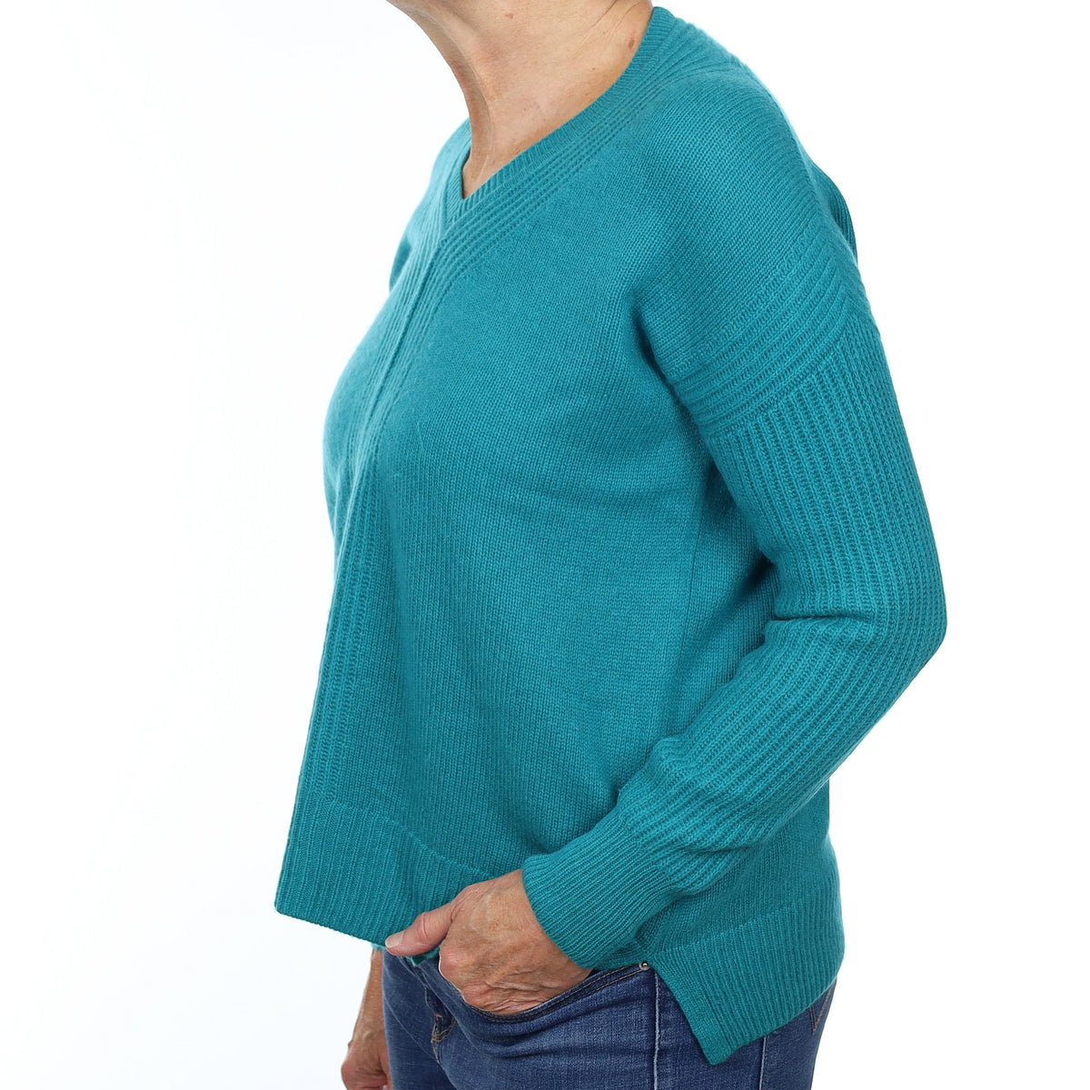Teal Green Cashmere V Neck Heavy Textured Knit Jumper Medium