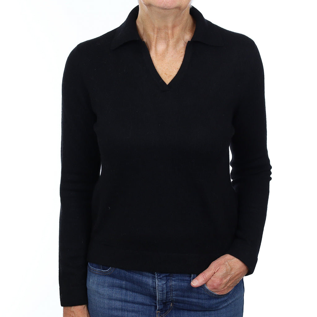 Black Cashmere Collared V Neck Jumper Medium