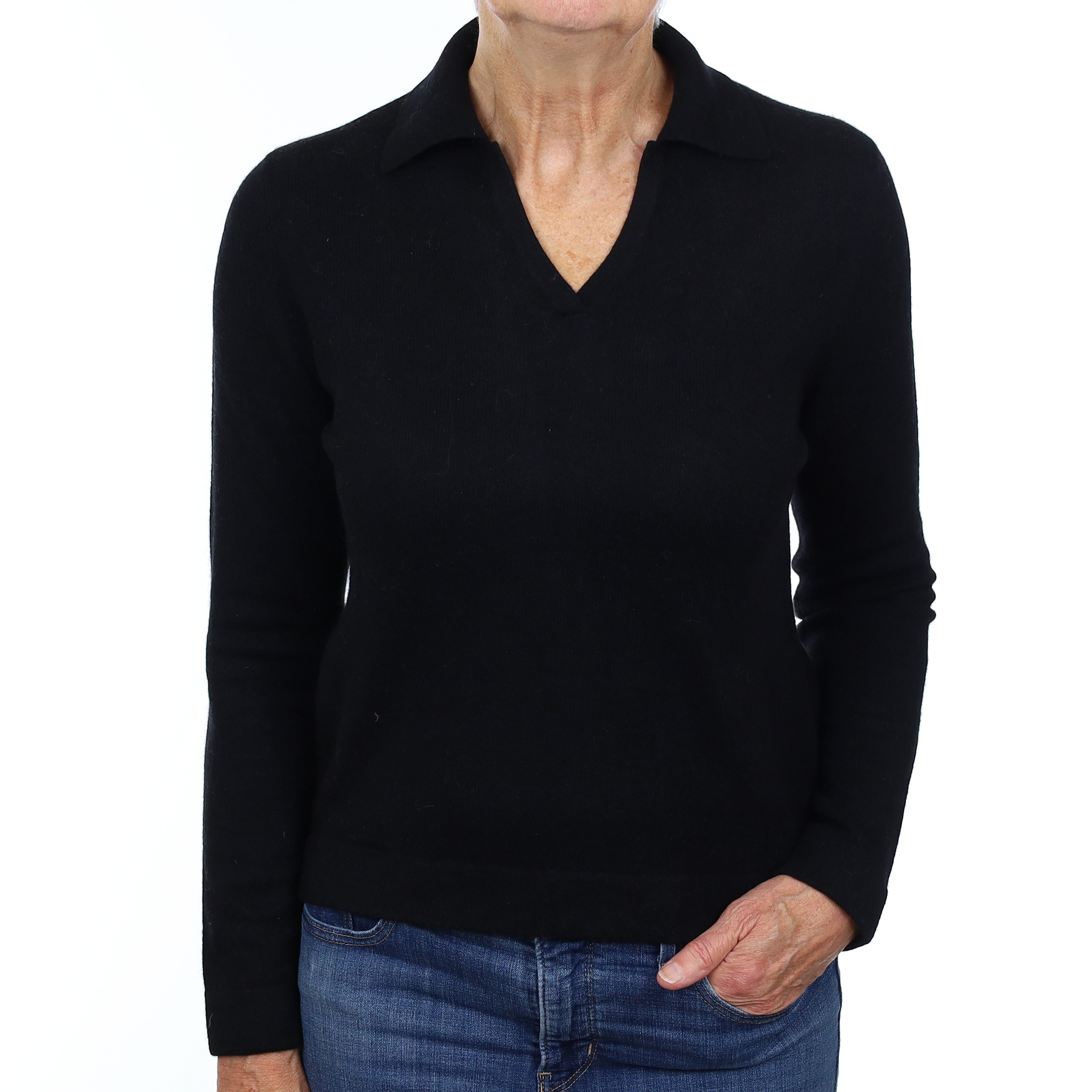 Black Cashmere Collared V Neck Jumper Medium
