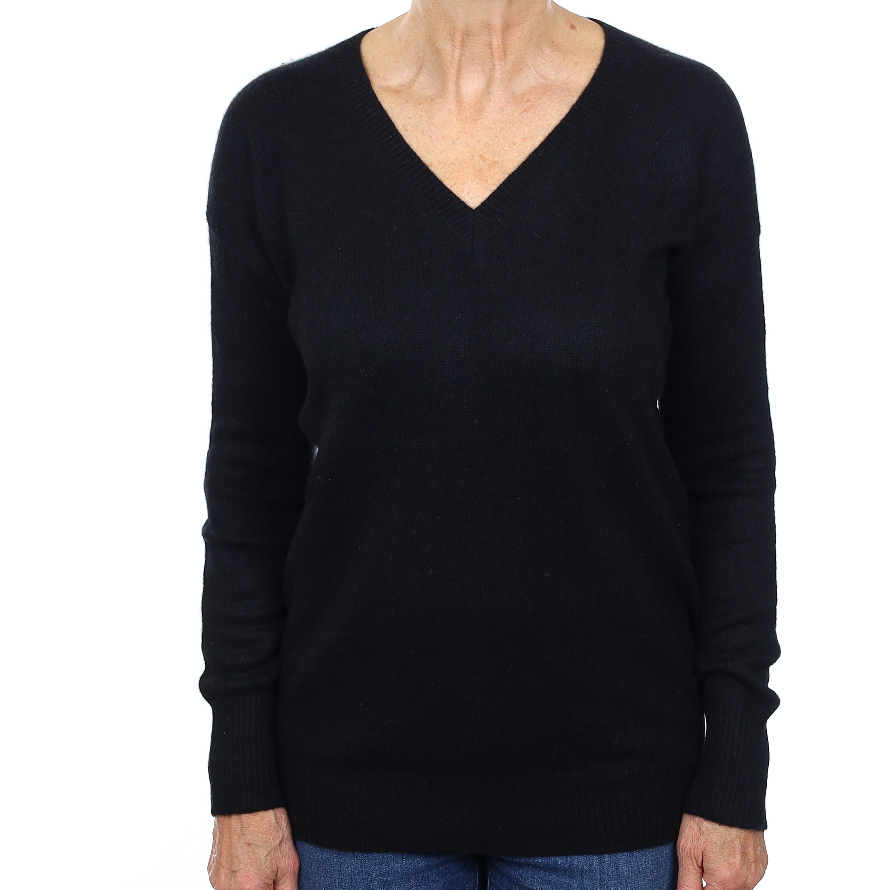 Black Cashmere V Neck Heavy Knit Jumper Medium