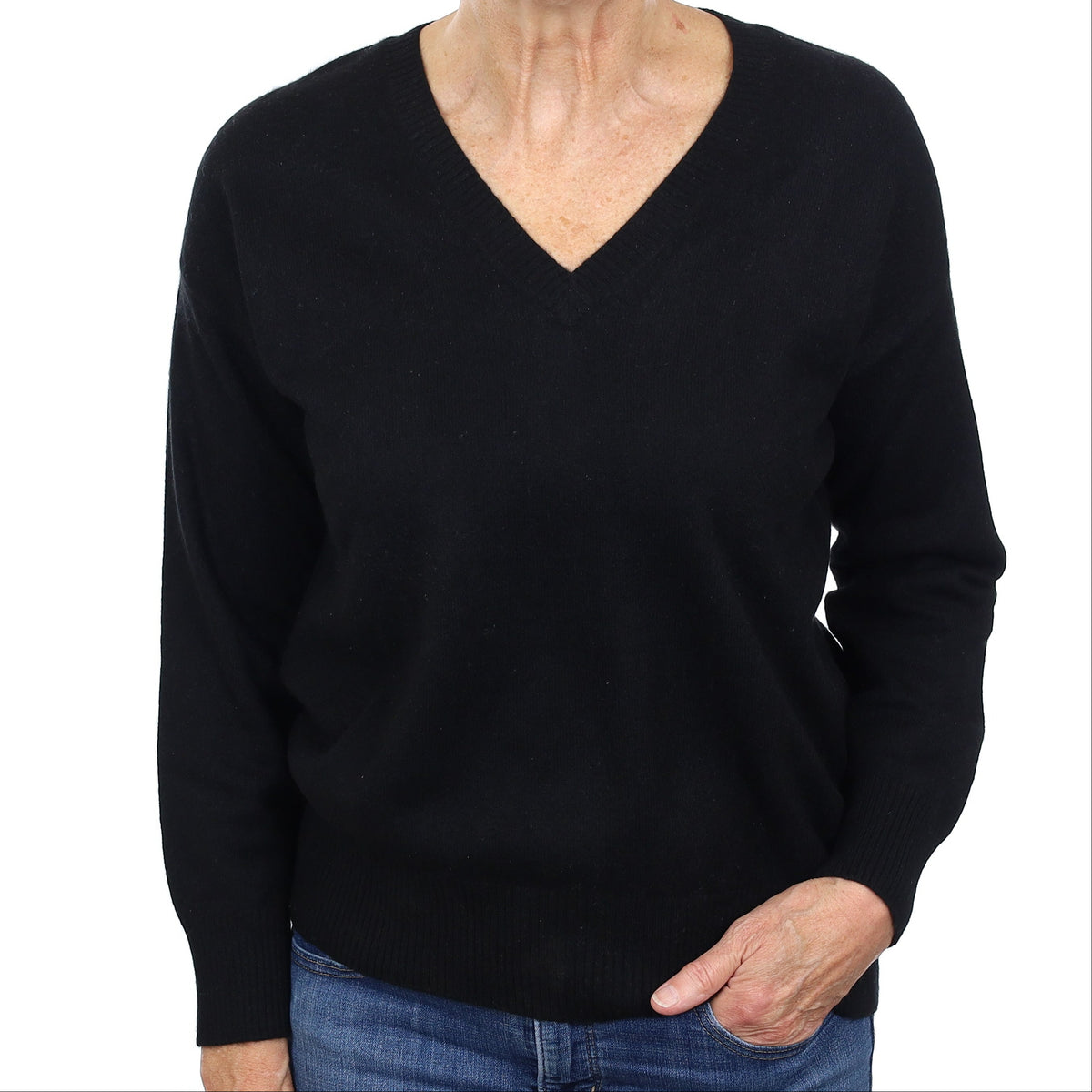 Black Cashmere V Neck Jumper Medium