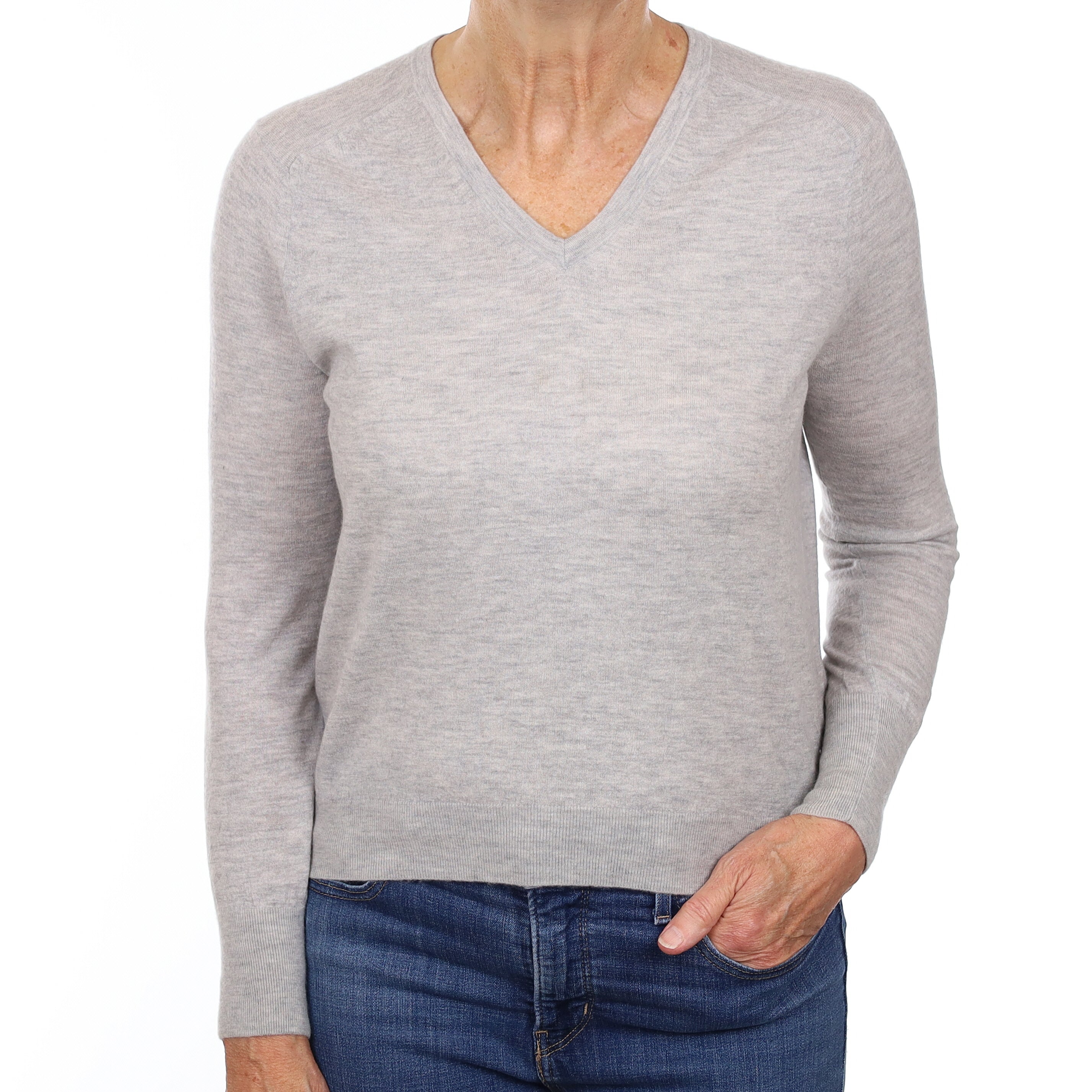 Mist Grey Cashmere V Neck Fine Knit Jumper Medium