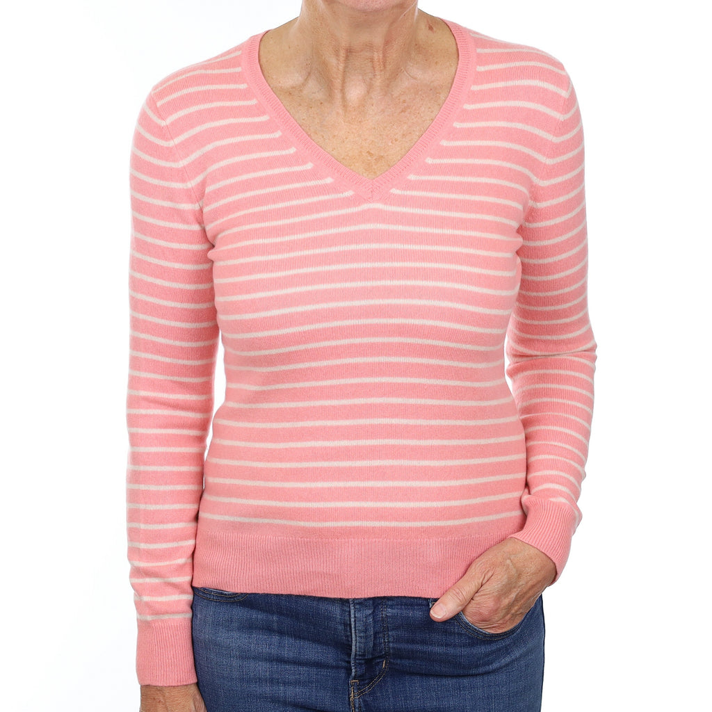 Sugar Mouse Pink Striped Cashmere V Neck Jumper Medium